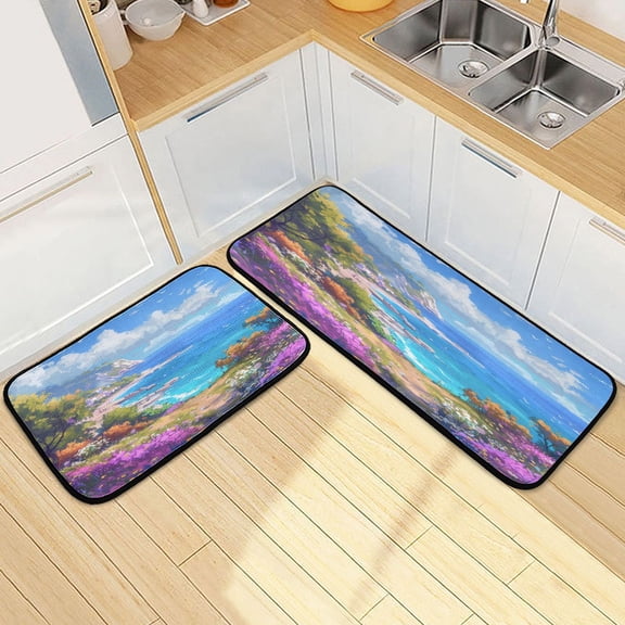 Dailycode 2 Pcs Kitchen Rug Set Non Slip Absorbent Soft Floor Mats for Kitchen Bathroom Flower Seacoast 19.7"x27.6"+19.7"x47.2"