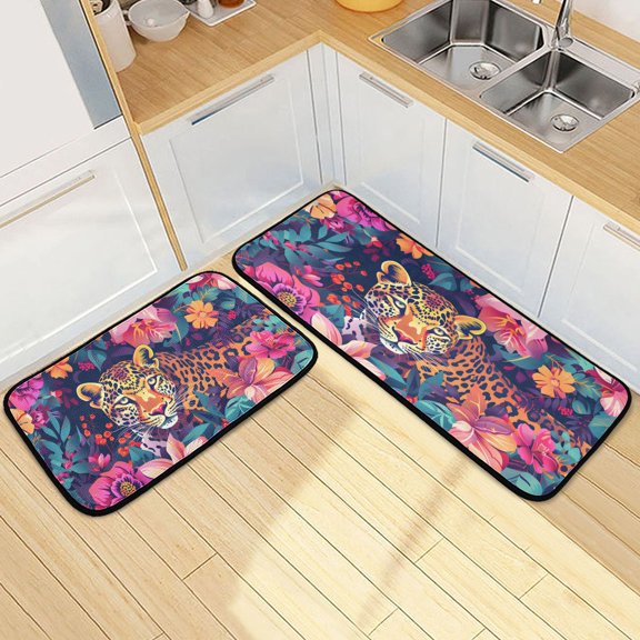 Dailycode 2 Pcs Kitchen Rug Set Non Slip Absorbent Soft Floor Mats for Kitchen Bathroom Flower and Leopard 19.7"x27.6"+19.7"x47.2"