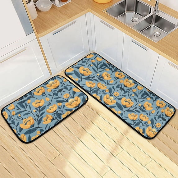 Dailycode 2 Pcs Kitchen Rug Set Non Slip Absorbent Soft Floor Mats for Kitchen Bathroom Flowers Dark Blue Leaves 19.7"x27.6"+19.7"x47.2"