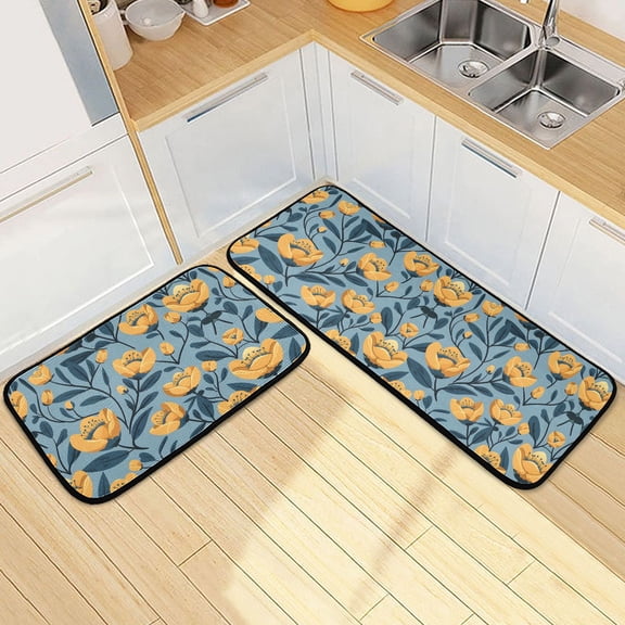 Dailycode 2 Pcs Kitchen Rug Set Non Slip Absorbent Soft Floor Mats for Kitchen Bathroom Flowers Dark Blue Leaves 19.7"x27.6" 19.7"x47.2"