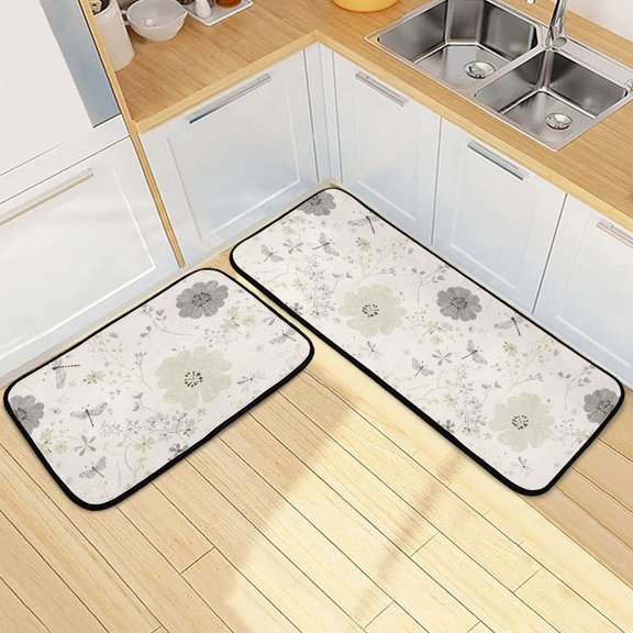 Dailycode 2 Pcs Kitchen Rug Set Non Slip Absorbent Soft Floor Mats for Kitchen Bathroom Flowers and Dragonflies 19.7"x27.6"+19.7"x47.2"
