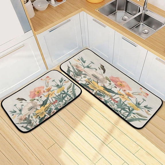 Dailycode 2 Pcs Kitchen Rug Set Non Slip Absorbent Soft Floor Mats for Kitchen Bathroom Flowers with Bird 19.7"x27.6" 19.7"x47.2"