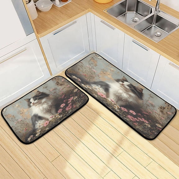 Dailycode 2 Pcs Kitchen Rug Set Non Slip Absorbent Soft Floor Mats for Kitchen Bathroom Fluffy Cat Sitting in Wildflowers 19.7"x27.6" 19.7"x47.2"