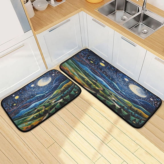 Dailycode 2 Pcs Kitchen Rug Set Non Slip Absorbent Soft Floor Mats for Kitchen Bathroom Forest Moon Stars 19.7"x27.6" 19.7"x47.2"