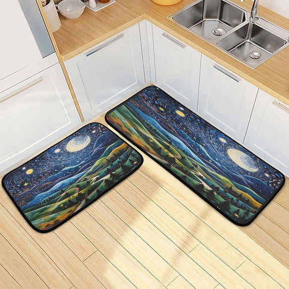 Dailycode 2 Pcs Kitchen Rug Set Non Slip Absorbent Soft Floor Mats for Kitchen Bathroom Forest Moon Stars 19.7"x27.6"+19.7"x47.2"