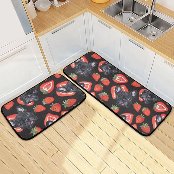 Dailycode 2 Pcs Kitchen Rug Set Non Slip Absorbent Soft Floor Mats for Kitchen Bathroom French Bulldog and Strawberry 19.7"x27.6"+19.7"x47.2"