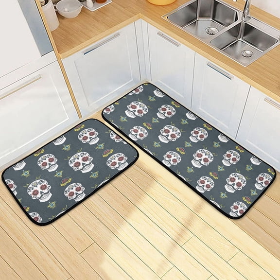 Dailycode 2 Pcs Kitchen Rug Set Non Slip Absorbent Soft Floor Mats for Kitchen Bathroom Funny Cool Skull 19.7"x27.6"+19.7"x47.2"
