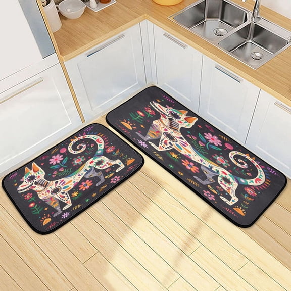 Dailycode 2 Pcs Kitchen Rug Set Non Slip Absorbent Soft Floor Mats for Kitchen Bathroom Funny Dog and Flowers 19.7"x27.6" 19.7"x47.2"