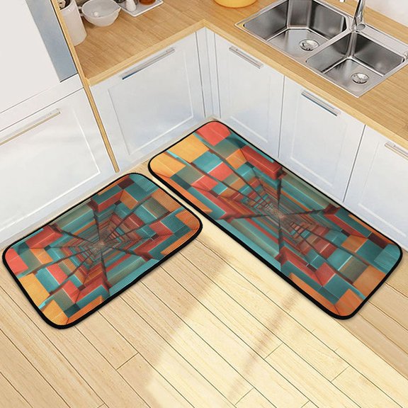 Dailycode 2 Pcs Kitchen Rug Set Non Slip Absorbent Soft Floor Mats for Kitchen Bathroom Funny Illusion Geometric 19.7"x27.6"+19.7"x47.2"