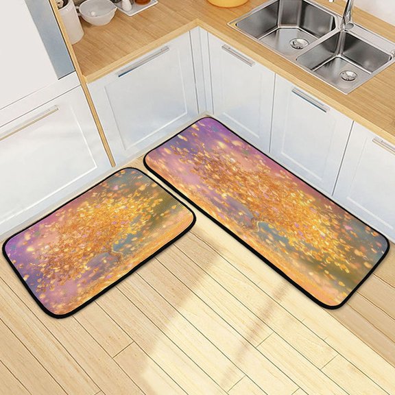 Dailycode 2 Pcs Kitchen Rug Set Non Slip Absorbent Soft Floor Mats for Kitchen Bathroom Golden Tree with Leaves Falling 19.7"x27.6"+19.7"x47.2"