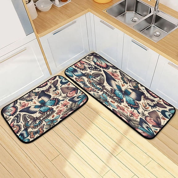 Dailycode 2 Pcs Kitchen Rug Set Non Slip Absorbent Soft Floor Mats for Kitchen Bathroom Gorgeous Butterflies and Plants 19.7"x27.6"+19.7"x47.2"