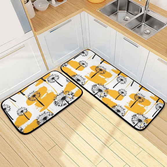 Dailycode 2 Pcs Kitchen Rug Set Non Slip Absorbent Soft Floor Mats for Kitchen Bathroom Hand Drawn Dandelions Flower 19.7"x27.6" 19.7"x47.2"