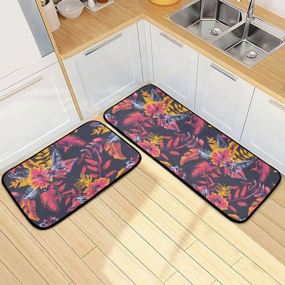 Dailycode 2 Pcs Kitchen Rug Set Non Slip Absorbent Soft Floor Mats for Kitchen Bathroom Hand Drawn Floral Plants 19.7"x27.6" 19.7"x47.2"