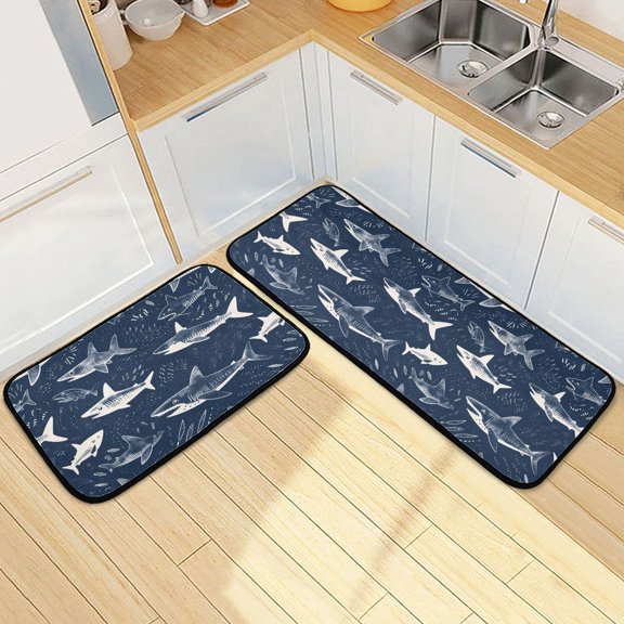 Dailycode 2 Pcs Kitchen Rug Set Non Slip Absorbent Soft Floor Mats for Kitchen Bathroom Hand Drawn Sharks 19.7"x27.6"+19.7"x47.2"