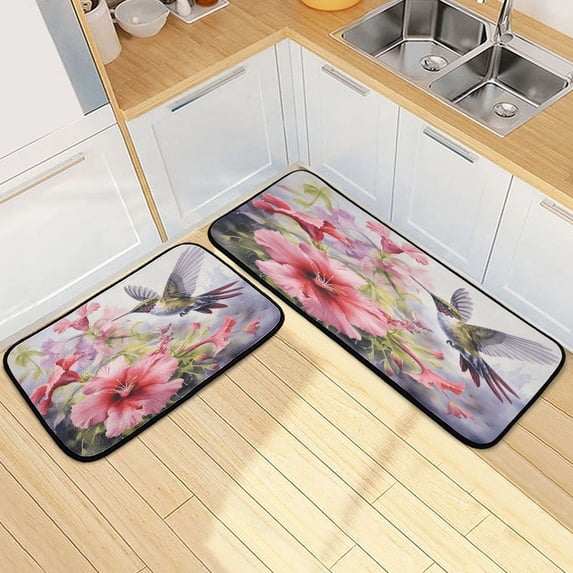 Dailycode 2 Pcs Kitchen Rug Set Non Slip Absorbent Soft Floor Mats for Kitchen Bathroom Hummingbird Lily Floral 19.7"x27.6"+19.7"x47.2"