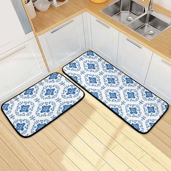 Dailycode 2 Pcs Kitchen Rug Set Non Slip Absorbent Soft Floor Mats for Kitchen Bathroom Indigo Damask Wallpaper Design 19.7"x27.6"+19.7"x47.2"