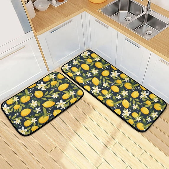 Dailycode 2 Pcs Kitchen Rug Set Non Slip Absorbent Soft Floor Mats for Kitchen Bathroom Lemon and Plumeria Flower 19.7"x27.6"+19.7"x47.2"
