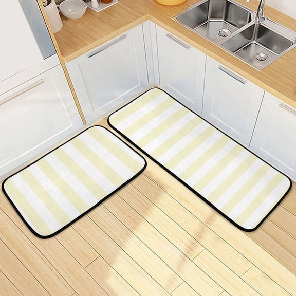 Dailycode 2 Pcs Kitchen Rug Set Non Slip Absorbent Soft Floor Mats for Kitchen Bathroom Light Yellow and White Stripes 19.7"x27.6" 19.7"x47.2"