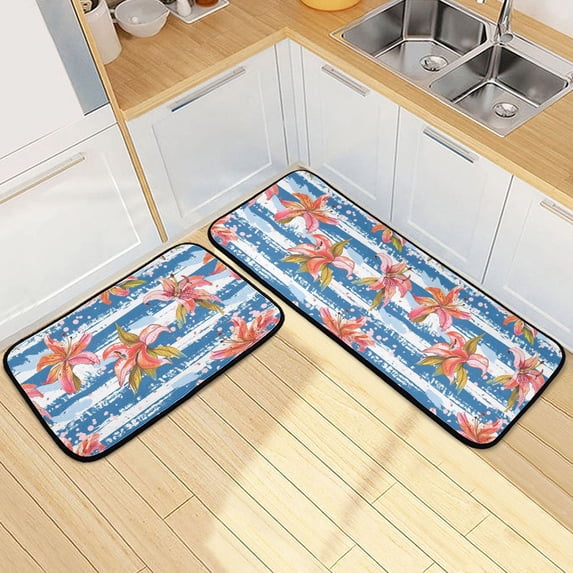 Dailycode 2 Pcs Kitchen Rug Set Non Slip Absorbent Soft Floor Mats for Kitchen Bathroom Lily Flowers on Stripe 19.7"x27.6"+19.7"x47.2"