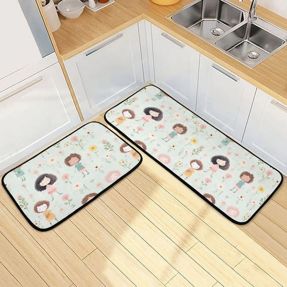 Dailycode 2 Pcs Kitchen Rug Set Non Slip Absorbent Soft Floor Mats for Kitchen Bathroom Little Girl and Flower 19.7"x27.6"+19.7"x47.2"