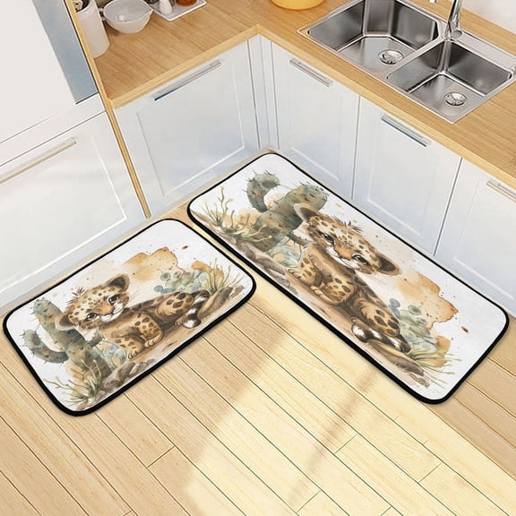 Dailycode 2 Pcs Kitchen Rug Set Non Slip Absorbent Soft Floor Mats for Kitchen Bathroom Little Leopard with Cactus 19.7"x27.6"+19.7"x47.2"