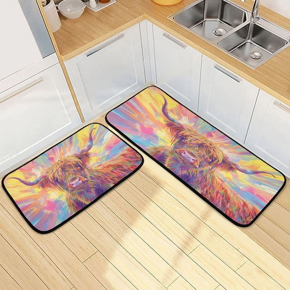 Dailycode 2 Pcs Kitchen Rug Set Non Slip Absorbent Soft Floor Mats for Kitchen Bathroom Long Hair Highland Cow Cattle 19.7"x27.6" 19.7"x47.2"