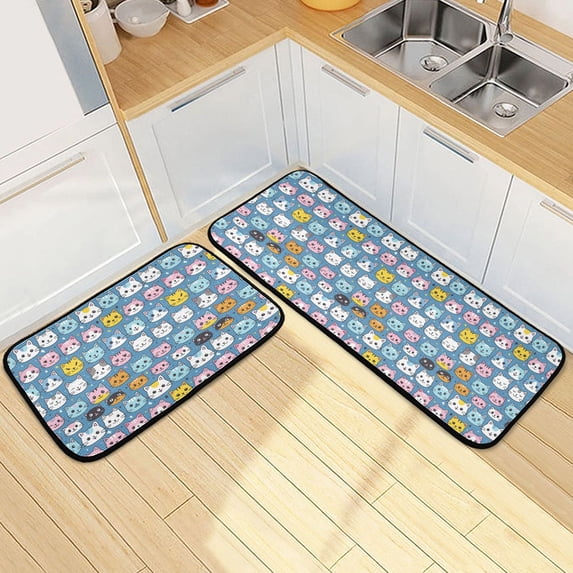 Dailycode 2 Pcs Kitchen Rug Set Non Slip Absorbent Soft Floor Mats for Kitchen Bathroom Lovely Cats Face 19.7"x27.6"+19.7"x47.2"