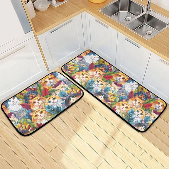 Dailycode 2 Pcs Kitchen Rug Set Non Slip Absorbent Soft Floor Mats for Kitchen Bathroom Lovely Cats and Leaves 19.7"x27.6" 19.7"x47.2"