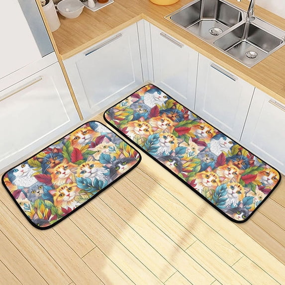Dailycode 2 Pcs Kitchen Rug Set Non Slip Absorbent Soft Floor Mats for Kitchen Bathroom Lovely Cats and Leaves 19.7"x27.6"+19.7"x47.2"