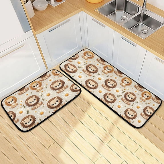 Dailycode 2 Pcs Kitchen Rug Set Non Slip Absorbent Soft Floor Mats for Kitchen Bathroom Lovely Lions and Daisy 19.7"x27.6"+19.7"x47.2"