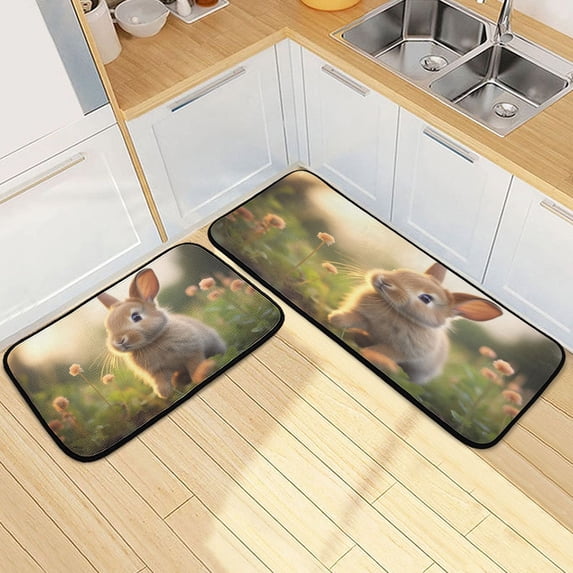 Dailycode 2 Pcs Kitchen Rug Set Non Slip Absorbent Soft Floor Mats for Kitchen Bathroom Lovely Rabbit on Grass 19.7"x27.6"+19.7"x47.2"