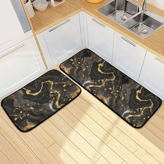 Dailycode 2 Pcs Kitchen Rug Set Non Slip Absorbent Soft Floor Mats for Kitchen Bathroom Luxury Black Gold Marble 19.7"x27.6" 19.7"x47.2"