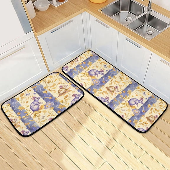 Dailycode 2 Pcs Kitchen Rug Set Non Slip Absorbent Soft Floor Mats for Kitchen Bathroom Mouse and Golden Plant 19.7"x27.6" 19.7"x47.2"