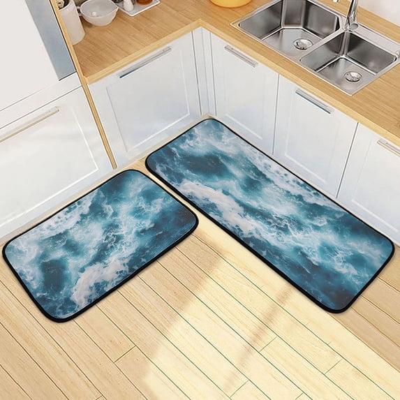 Dailycode 2 Pcs Kitchen Rug Set Non Slip Absorbent Soft Floor Mats for Kitchen Bathroom Ocean and Wave 19.7"x27.6"+19.7"x47.2"