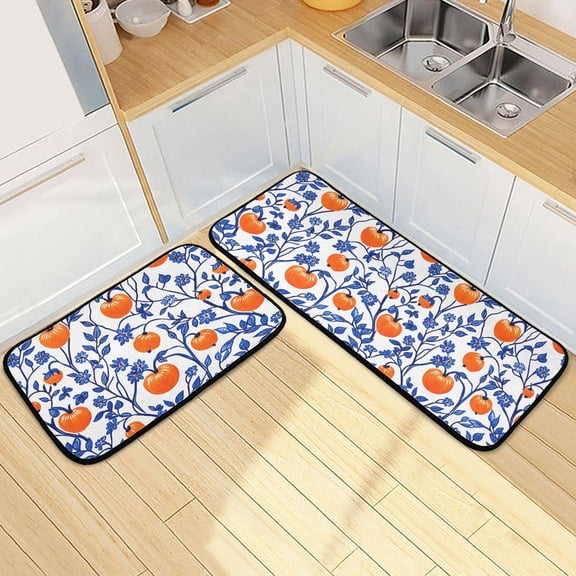 Dailycode 2 Pcs Kitchen Rug Set Non Slip Absorbent Soft Floor Mats for Kitchen Bathroom Orange Persimmons Blue Vines 19.7"x27.6"+19.7"x47.2"