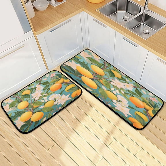 Dailycode 2 Pcs Kitchen Rug Set Non Slip Absorbent Soft Floor Mats for Kitchen Bathroom Orange with Flowers 19.7"x27.6" 19.7"x47.2"