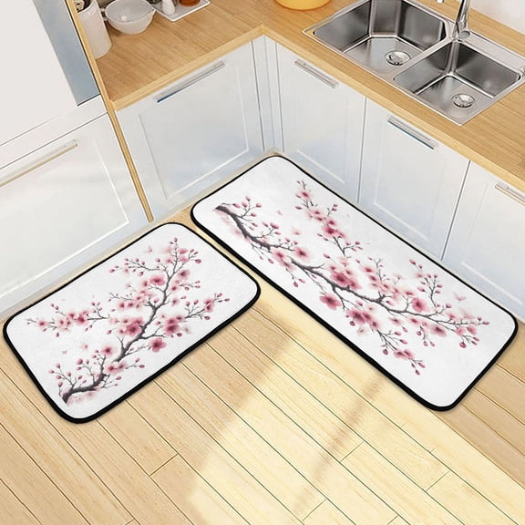Dailycode 2 Pcs Kitchen Rug Set Non Slip Absorbent Soft Floor Mats for Kitchen Bathroom Oriental Cherry Flowers 19.7"x27.6" 19.7"x47.2"