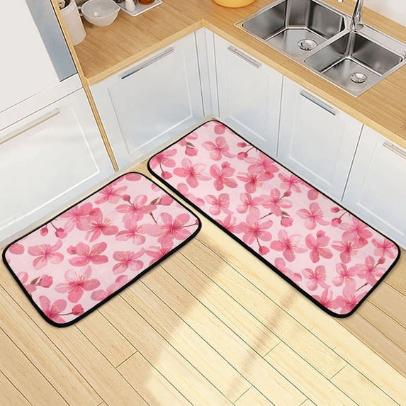 Dailycode 2 Pcs Kitchen Rug Set Non Slip Absorbent Soft Floor Mats for Kitchen Bathroom Pink Cherry Blossoms 19.7"x27.6"+19.7"x47.2"
