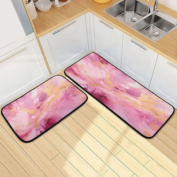 Dailycode 2 Pcs Kitchen Rug Set Non Slip Absorbent Soft Floor Mats for Kitchen Bathroom Pink Gold Marble 19.7"x27.6"+19.7"x47.2"