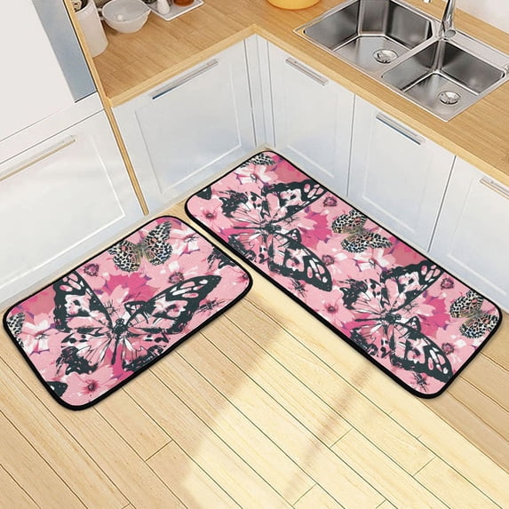Dailycode 2 Pcs Kitchen Rug Set Non Slip Absorbent Soft Floor Mats for Kitchen Bathroom Pink Leopard Butterfly 19.7"x27.6"+19.7"x47.2"