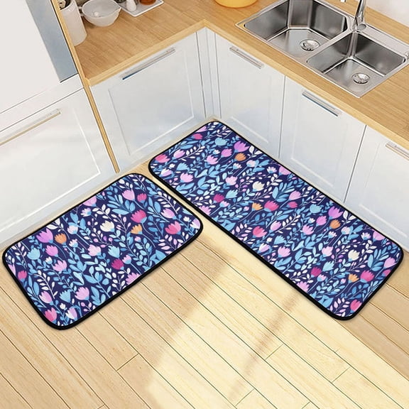 Dailycode 2 Pcs Kitchen Rug Set Non Slip Absorbent Soft Floor Mats for Kitchen Bathroom Pink Tulip with Blue Leaves 19.7"x27.6" 19.7"x47.2"