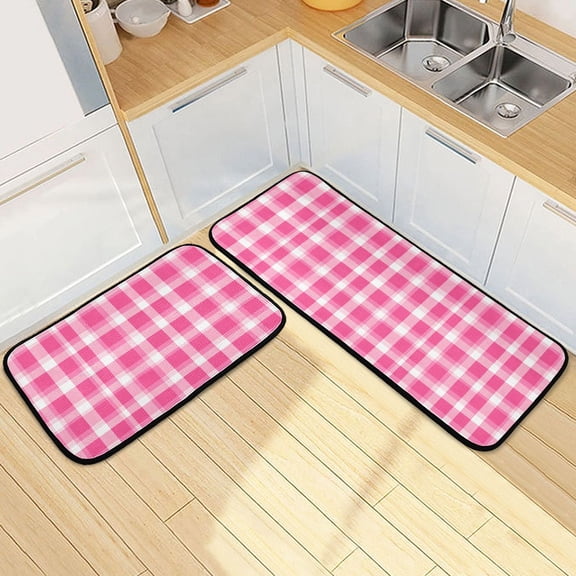 Dailycode 2 Pcs Kitchen Rug Set Non Slip Absorbent Soft Floor Mats for Kitchen Bathroom Pink White Plaid 19.7"x27.6" 19.7"x47.2"