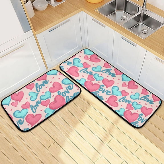 Dailycode 2 Pcs Kitchen Rug Set Non Slip Absorbent Soft Floor Mats for Kitchen Bathroom Pink and Blue Love Heart 19.7"x27.6" 19.7"x47.2"