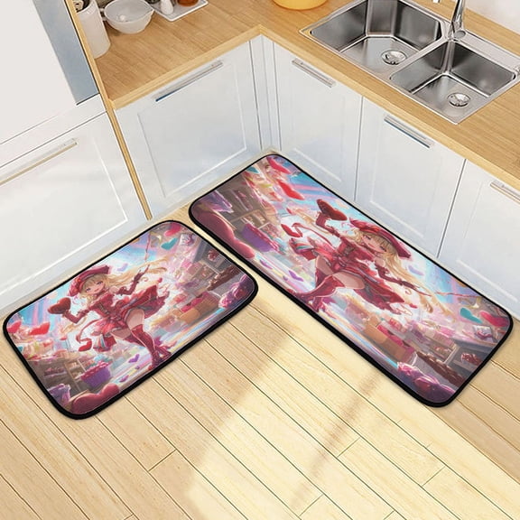 Dailycode 2 Pcs Kitchen Rug Set Non Slip Absorbent Soft Floor Mats for Kitchen Bathroom Pretty Red Girl with Love Balloon 19.7"x27.6"+19.7"x47.2"