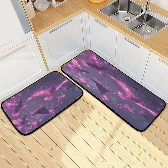 Dailycode 2 Pcs Kitchen Rug Set Non Slip Absorbent Soft Floor Mats for Kitchen Bathroom Purple Glowing Birds Flying 19.7"x27.6" 19.7"x47.2"