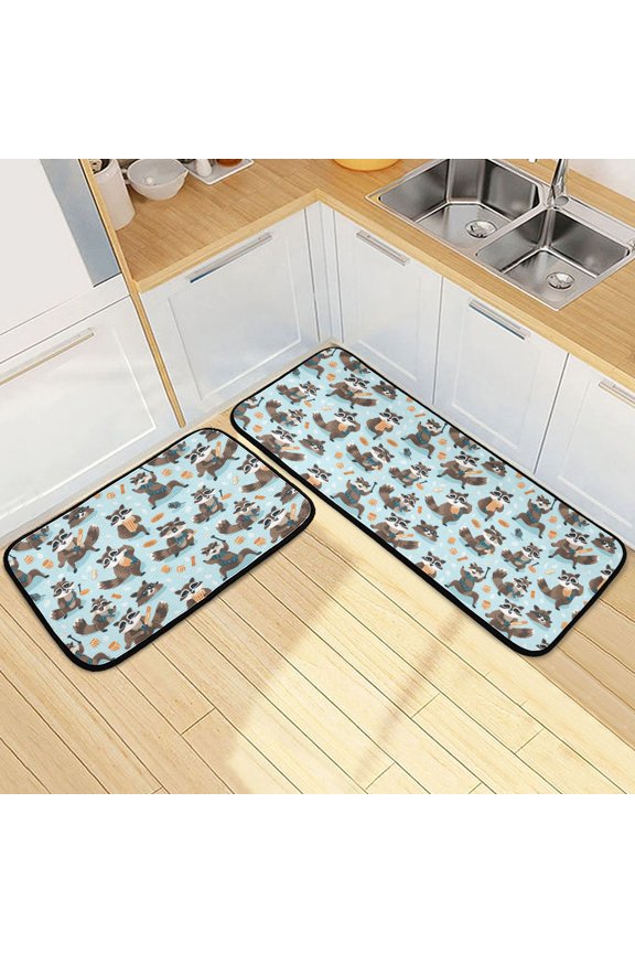 2 Pcs Kitchen Rug Set Non Slip Absorbent Soft Floor Mats for Kitchen Bathroom Raccoon Drums Pizza 19.7"x27.6"+19.7"x47.2"