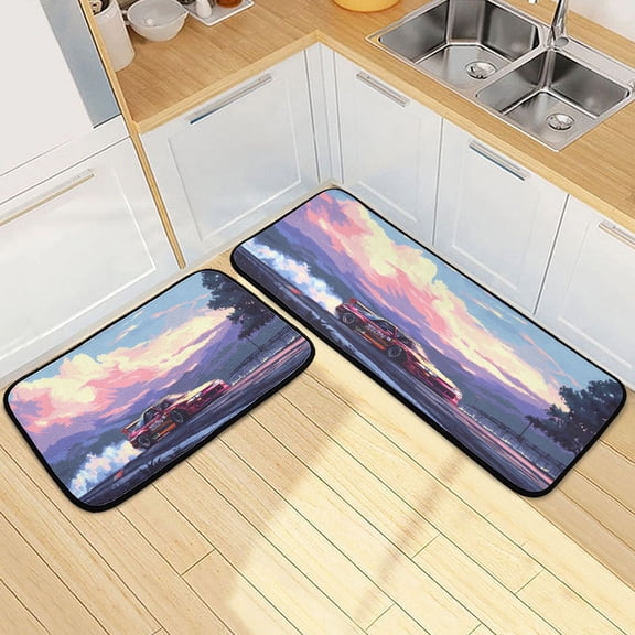 Dailycode 2 Pcs Kitchen Rug Set Non Slip Absorbent Soft Floor Mats for Kitchen Bathroom Racecar Drifting 19.7"x27.6" 19.7"x47.2"