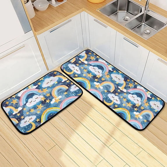 Dailycode 2 Pcs Kitchen Rug Set Non Slip Absorbent Soft Floor Mats for Kitchen Bathroom Rainbow Clouds Stars Moon 19.7"x27.6"+19.7"x47.2"