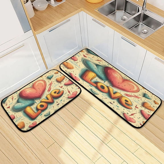 Dailycode 2 Pcs Kitchen Rug Set Non Slip Absorbent Soft Floor Mats for Kitchen Bathroom Red Blue Love Heart 19.7"x27.6" 19.7"x47.2"