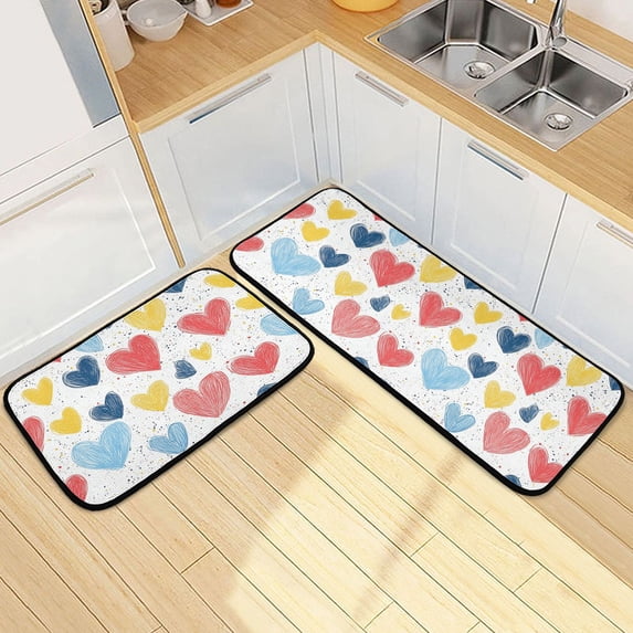 Dailycode 2 Pcs Kitchen Rug Set Non Slip Absorbent Soft Floor Mats for Kitchen Bathroom Red Blue Yellow Hand-drawn Hearts 19.7"x27.6"+19.7"x47.2"
